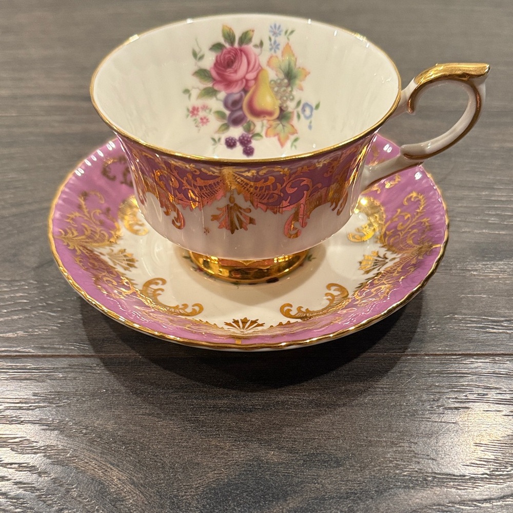 Floral Teacup and Saucer with Gold Accents